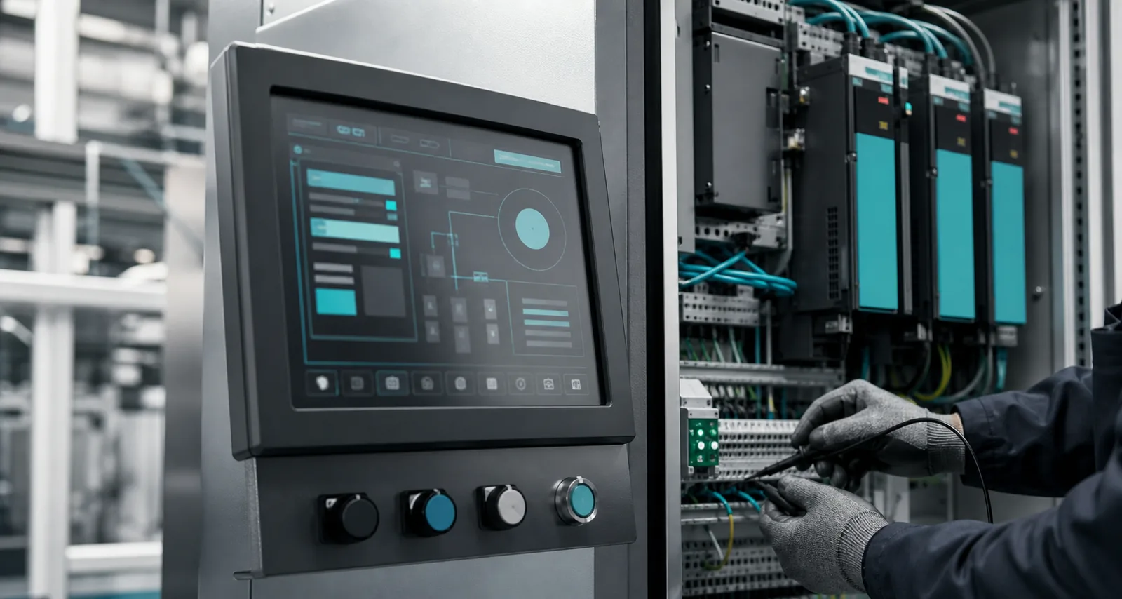 Cuadro industrial con PLC, modulos de entradas y salidas, variadores y red industrial