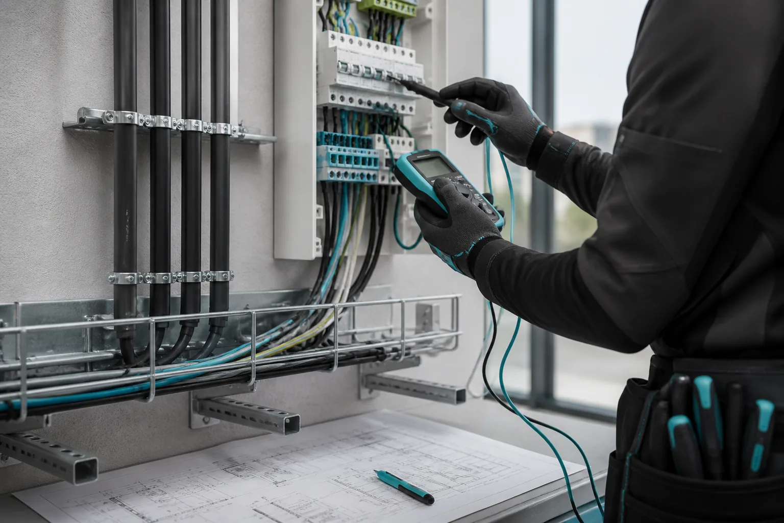 Instalacion electrica europea con cuadro de distribucion y canalizacion ordenada