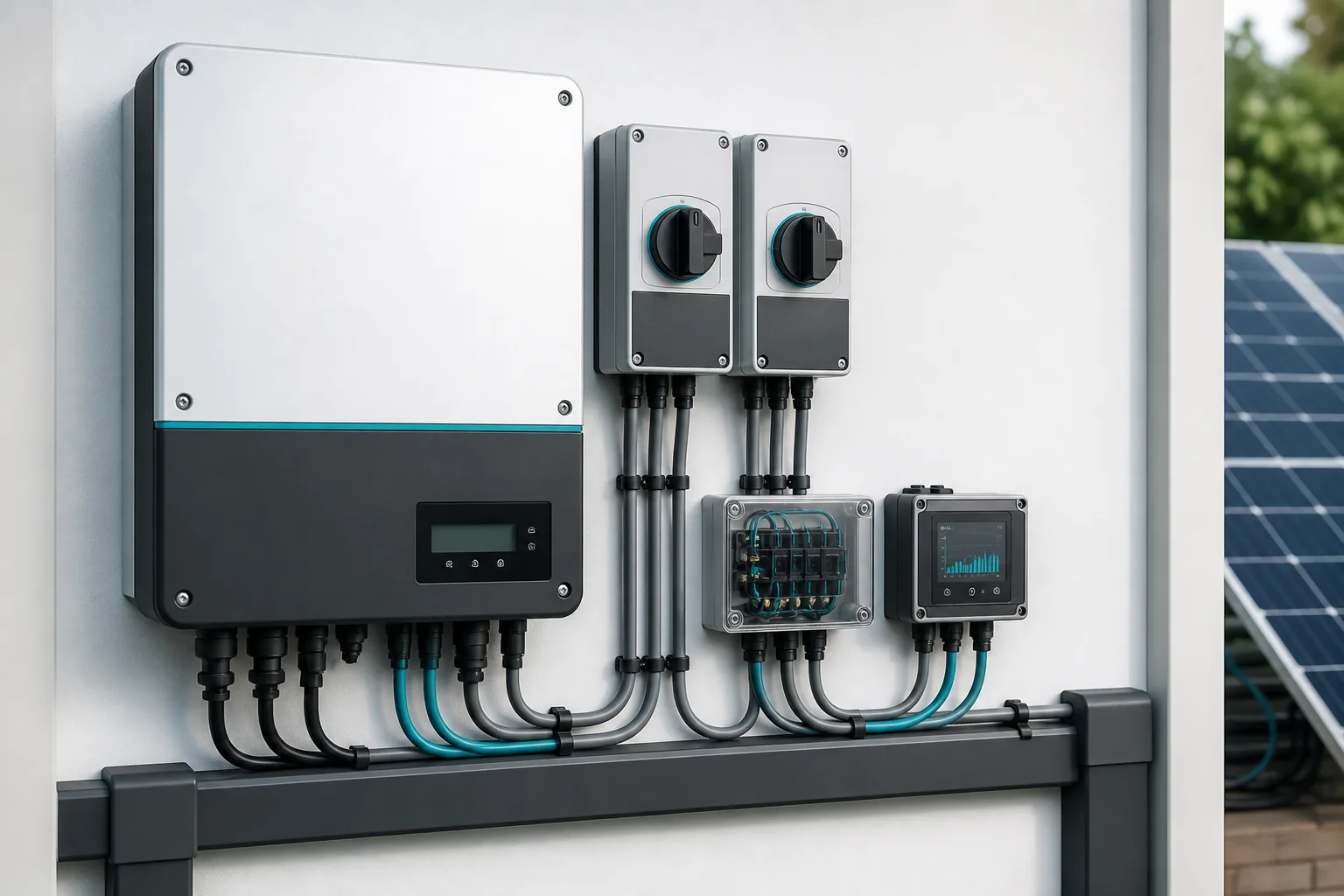 Instalacion fotovoltaica mediterranea con paneles, inversor y cableado protegido