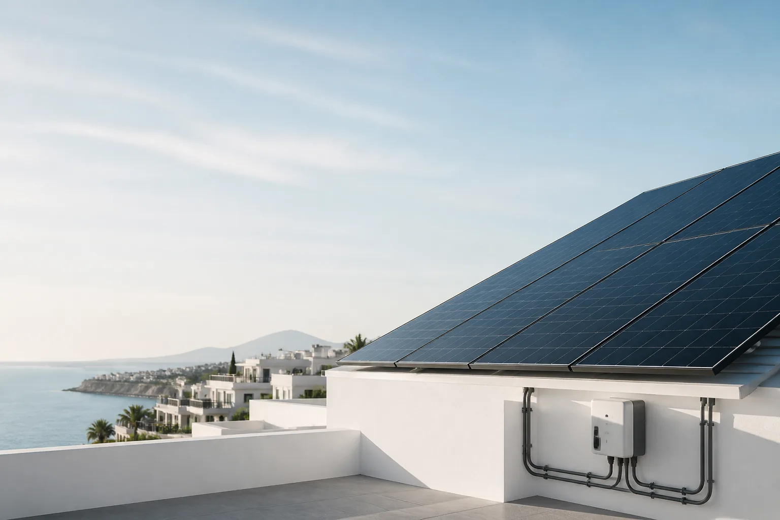 Instalacion fotovoltaica mediterranea con paneles, inversor y cableado protegido